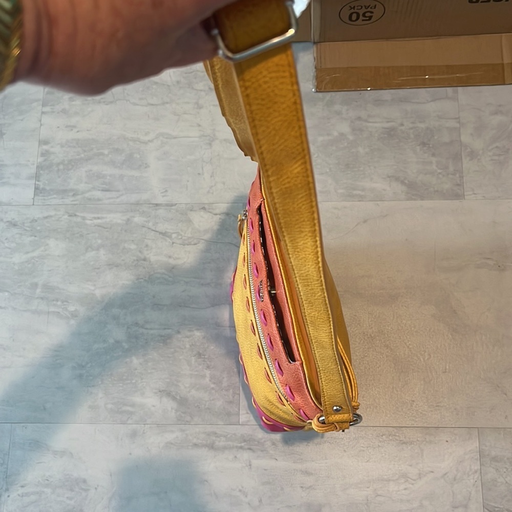 Kenzie  Crossbody or shoulder Bag  Bright pink, orange, goldenrod  10hx 12w x 3d - Picture 12 of 16